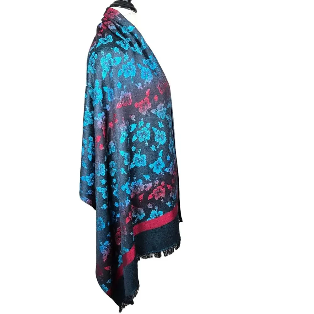 Floral Scarf Wrap Black Blue Red Hibiscus 27" x 70" Soft Pashmina‎ Type - Picture 7 of 8
